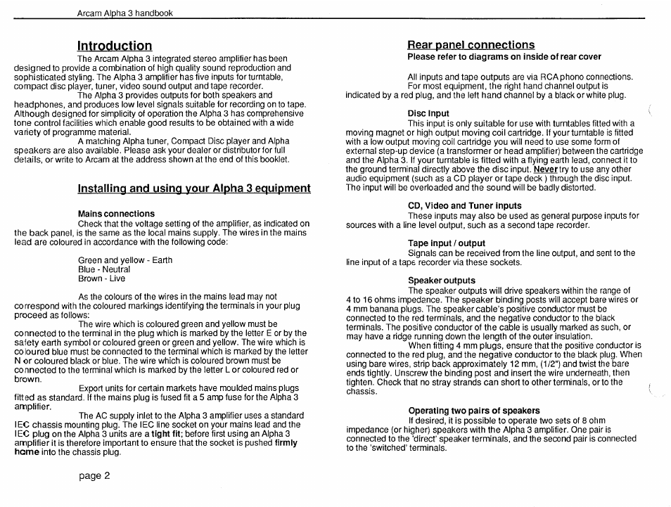 Mains connections, Disc input, Cd, video and tuner inputs | Tape input / output, Speaker outputs, Operating two pairs of speakers, Introduction, Installing and using vour alpha 3 equipment, Rear panel connections | Arcam Alpha 3 User Manual | Page 2 / 9