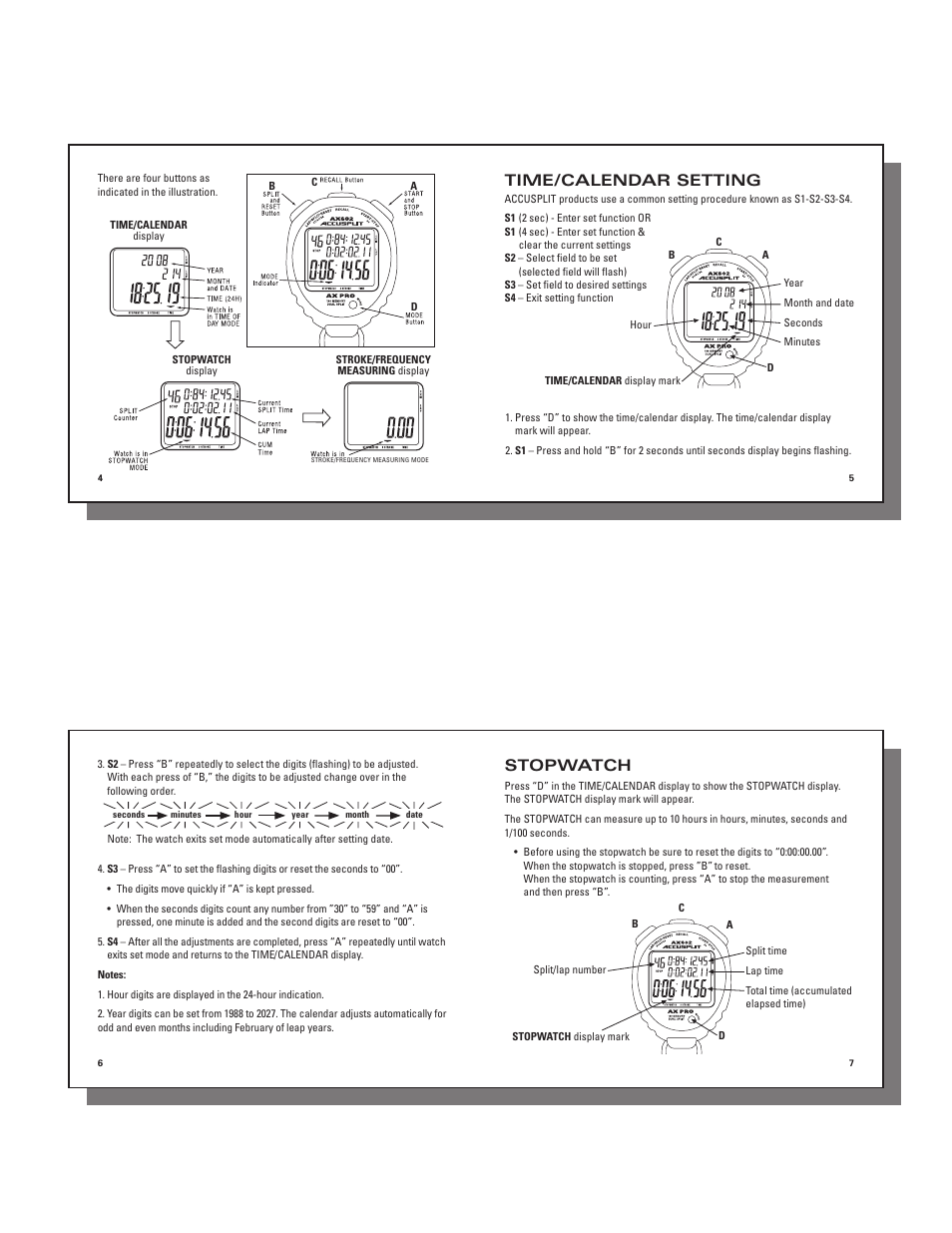 Time/calendar setting, Stopwatch | Accusplit AX602 User Manual | Page 2 / 4