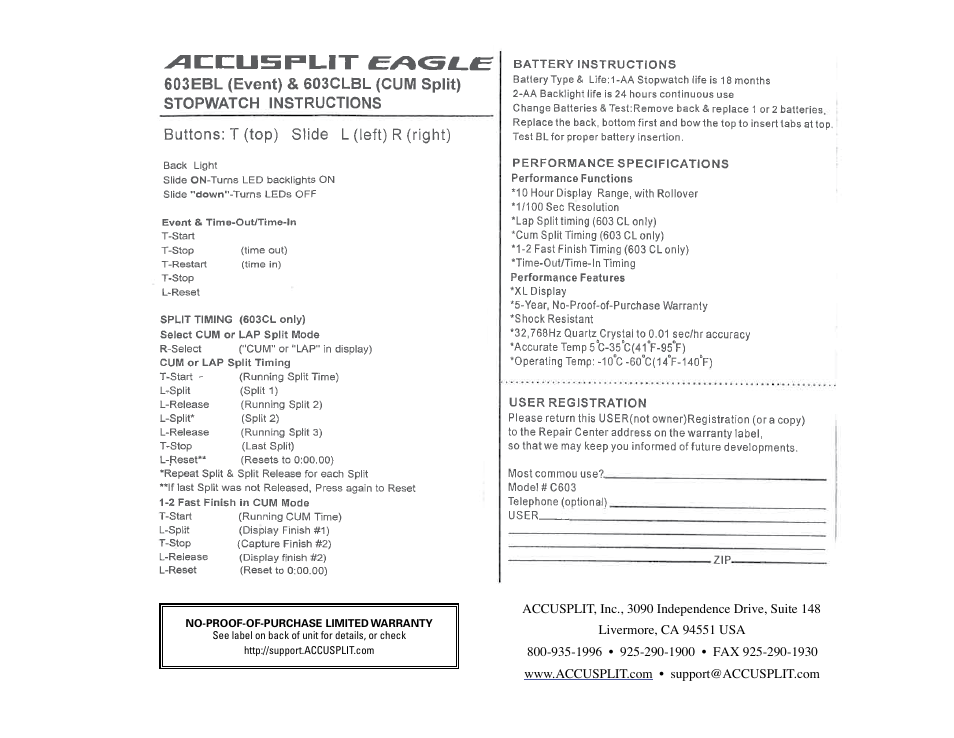 Accusplit Eagle 603CL User Manual | 1 page