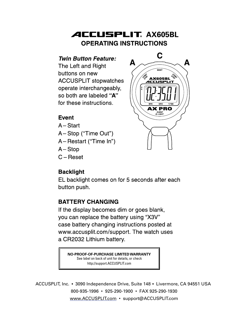 Accusplit AX605BL User Manual | 1 page