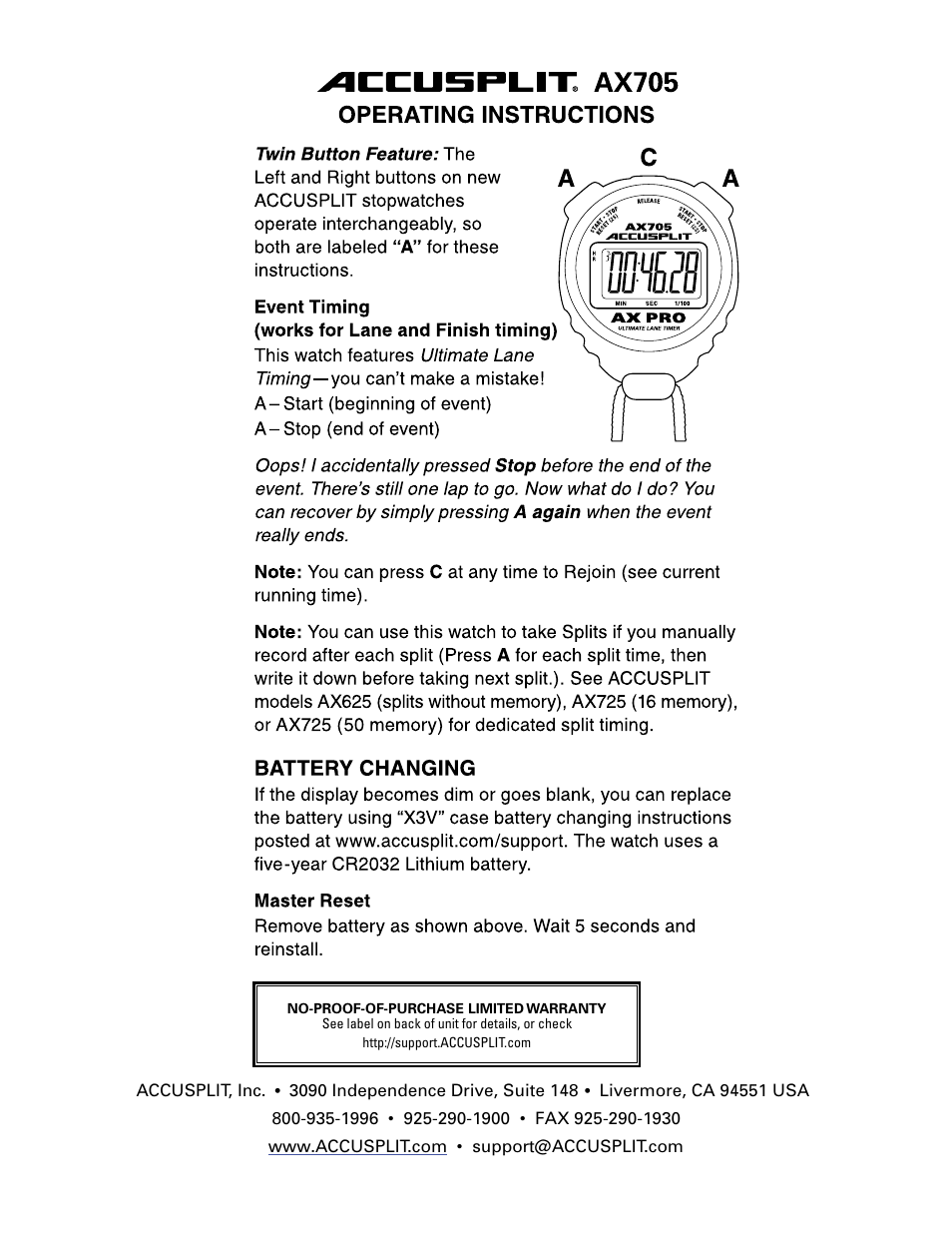 Accusplit AX705 User Manual | 1 page