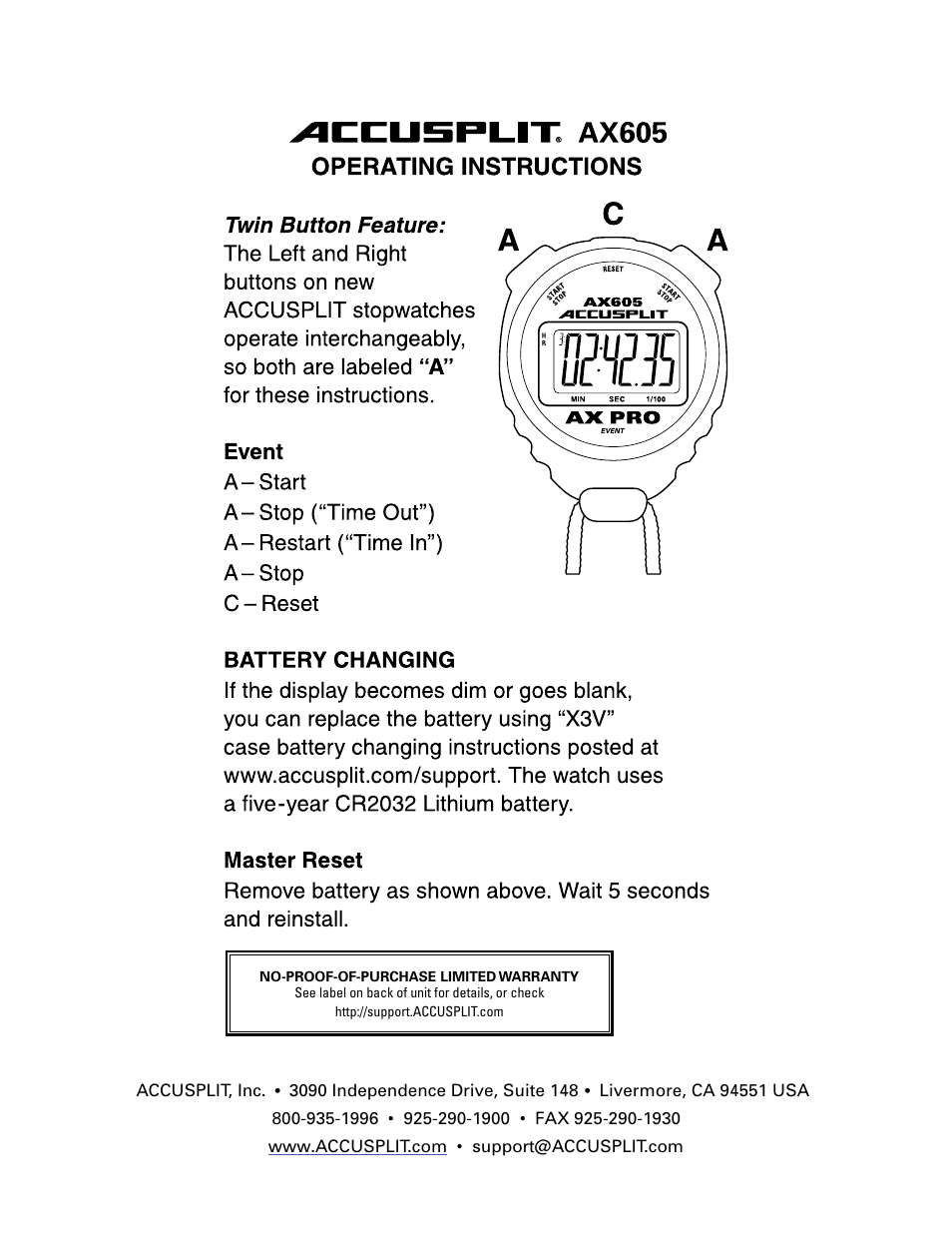 Accusplit AX605 User Manual | 1 page