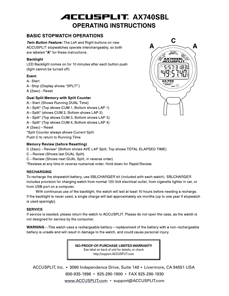 Accusplit AX740SBL User Manual | 1 page