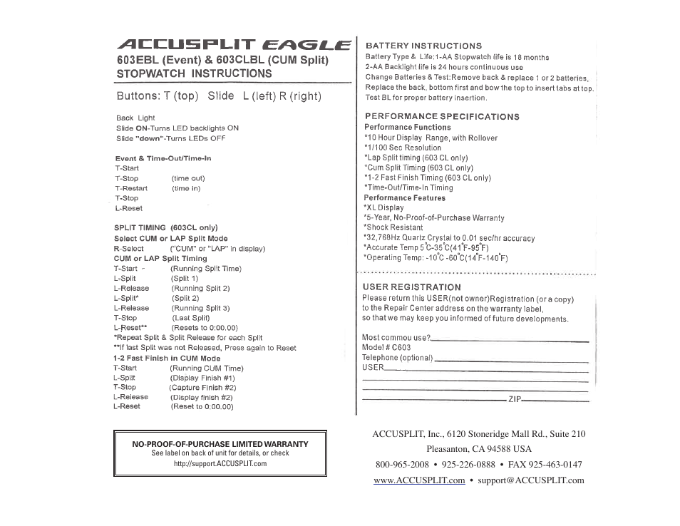 Accusplit Eagle 603CLBL User Manual | 1 page