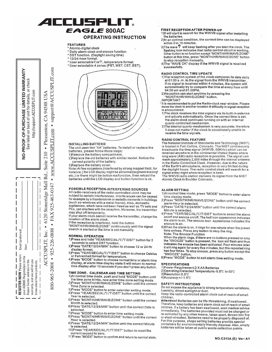 Accusplit AE800AC User Manual | 1 page