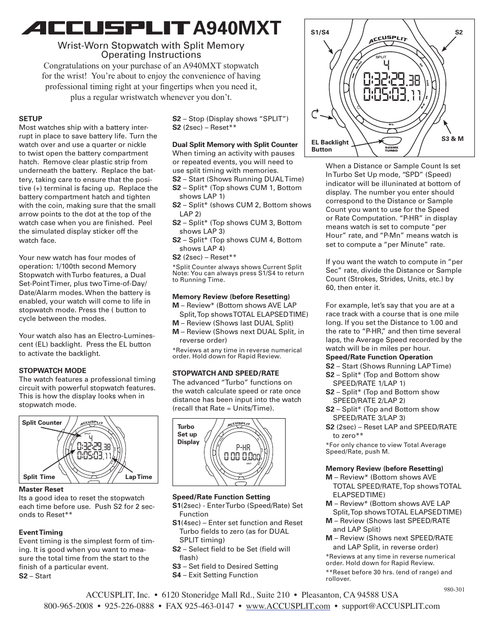 Accusplit A940MXT User Manual | 2 pages