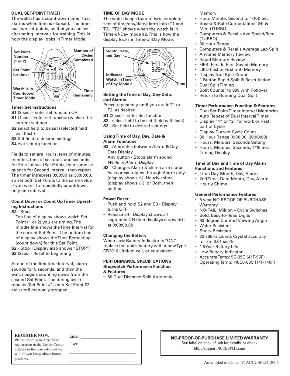 Hourly chime (display shows | Accusplit A940MXT User Manual | Page 2 / 2