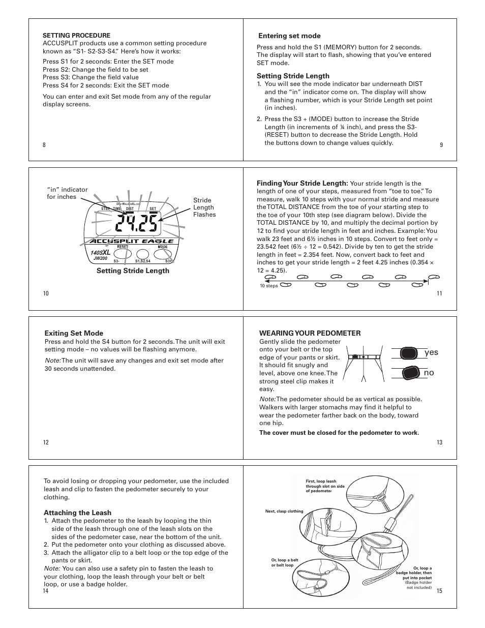 Yes no, Entering set mode, Setting stride length | Finding your stride length, Exiting set mode, Wearing your pedometer, Attaching the leash | Accusplit AE140SXL User Manual | Page 2 / 4