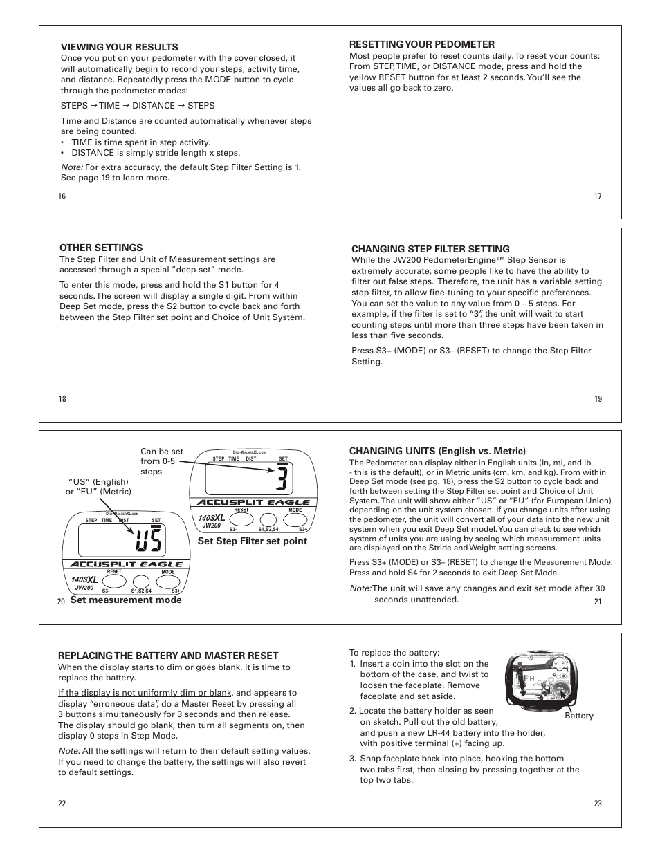 Viewing your results, Resetting your pedometer, Other settings | Changing step filter setting, Changing units (english vs. metric), Replacing the battery and master reset, Set step filter set point, Set measurement mode | Accusplit AE140SXL User Manual | Page 3 / 4