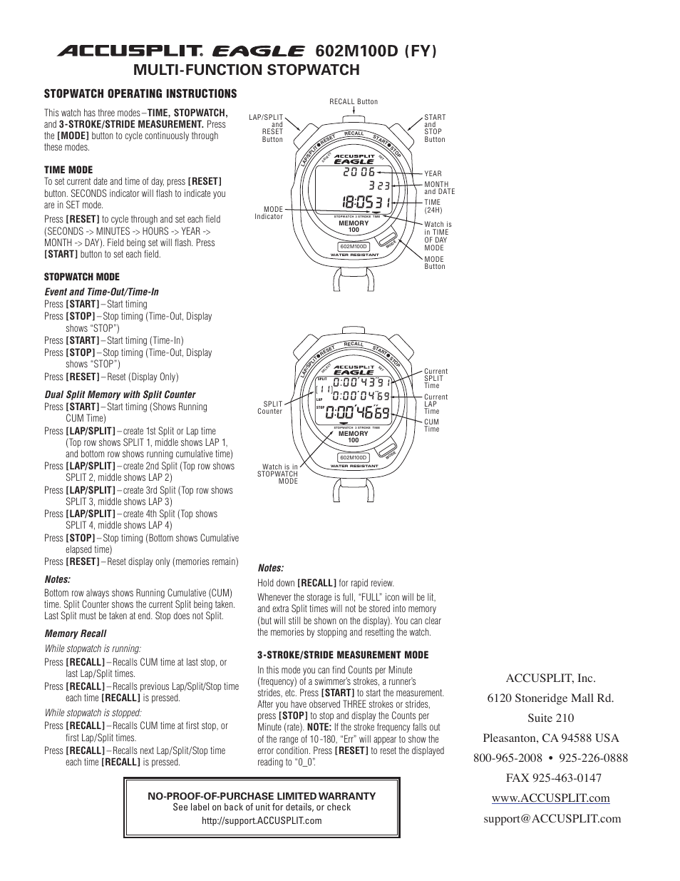 Accusplit Eagle 602M100D User Manual | 1 page