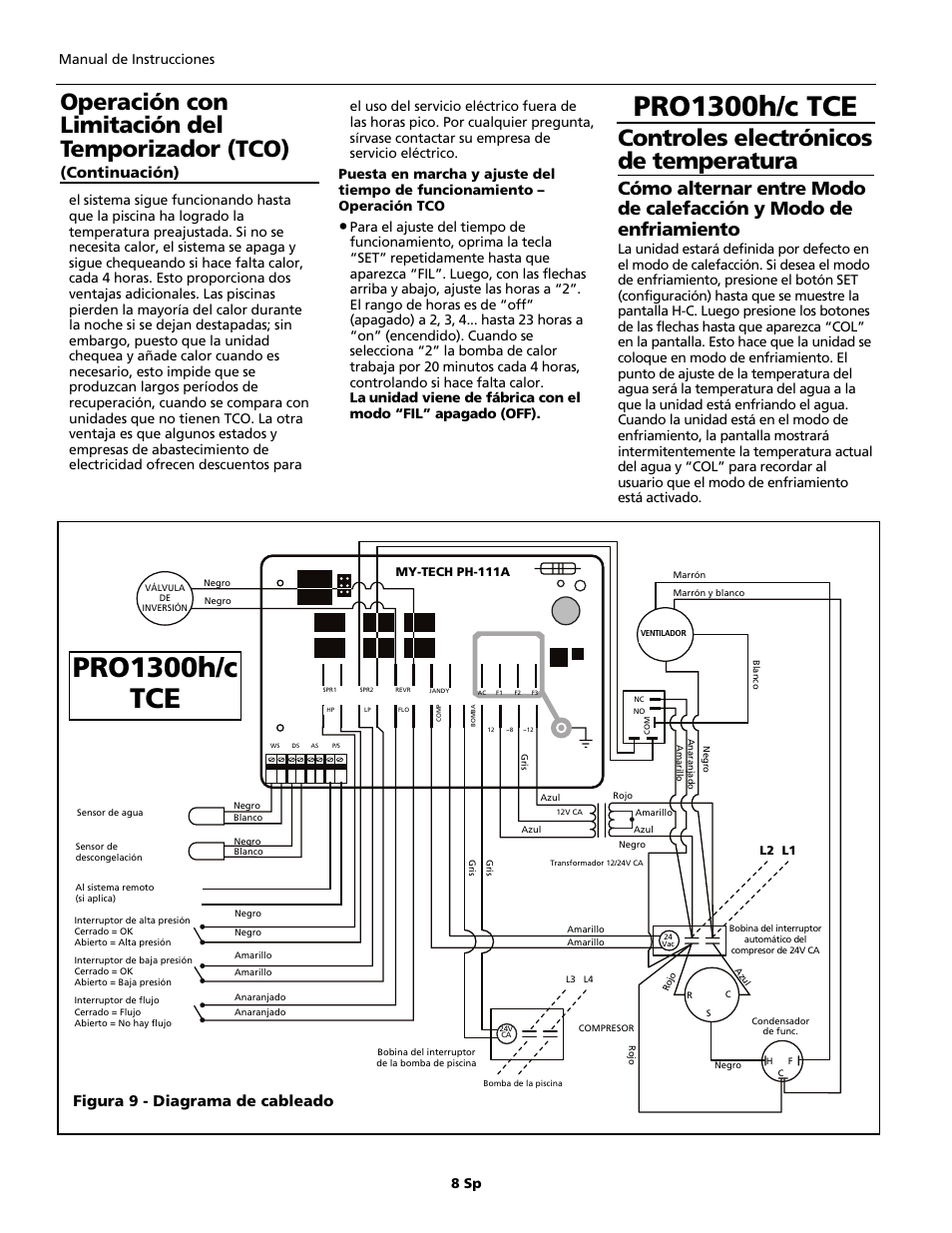 Pro1300h/c tce, Controles electrónicos de temperatura, Operación con limitación del temporizador (tco) | Figura 9 - diagrama de cableado, Continuación), Manual de instrucciones | AquaPRO PRO1300 User Manual | Page 22 / 28