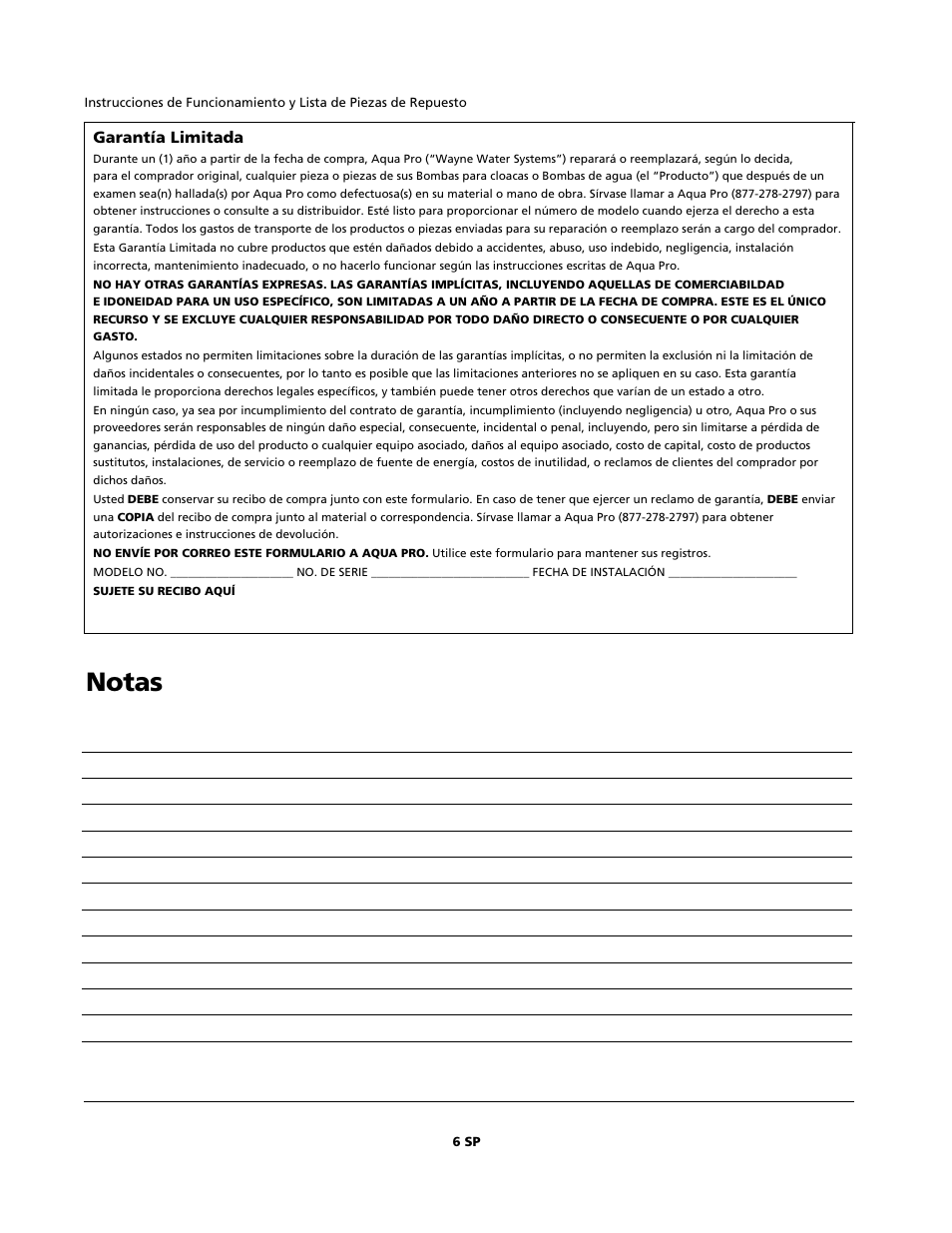 Notas, Garantía limitada | AquaPRO GPH550PRO User Manual | Page 12 / 12