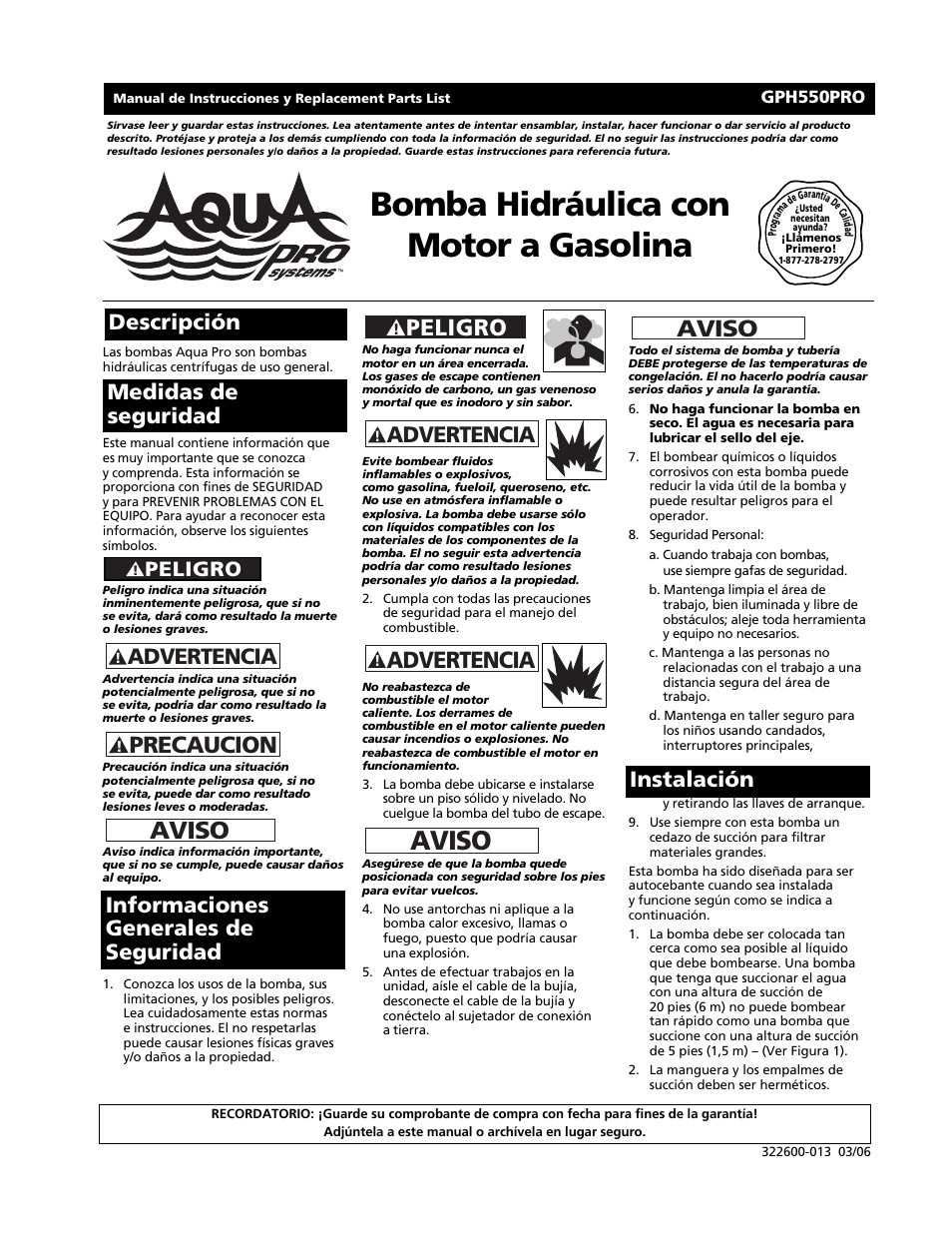 Bomba hidráulica con motor a gasolina, Aviso, Precaucion | Advertencia, Descripción, Peligro | AquaPRO GPH550PRO User Manual | Page 7 / 12