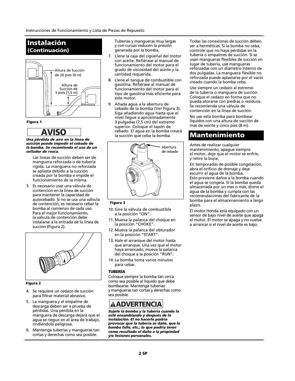 Aviso, Advertencia, Mantenimiento instalación | Continuación) | AquaPRO GPH550PRO User Manual | Page 8 / 12