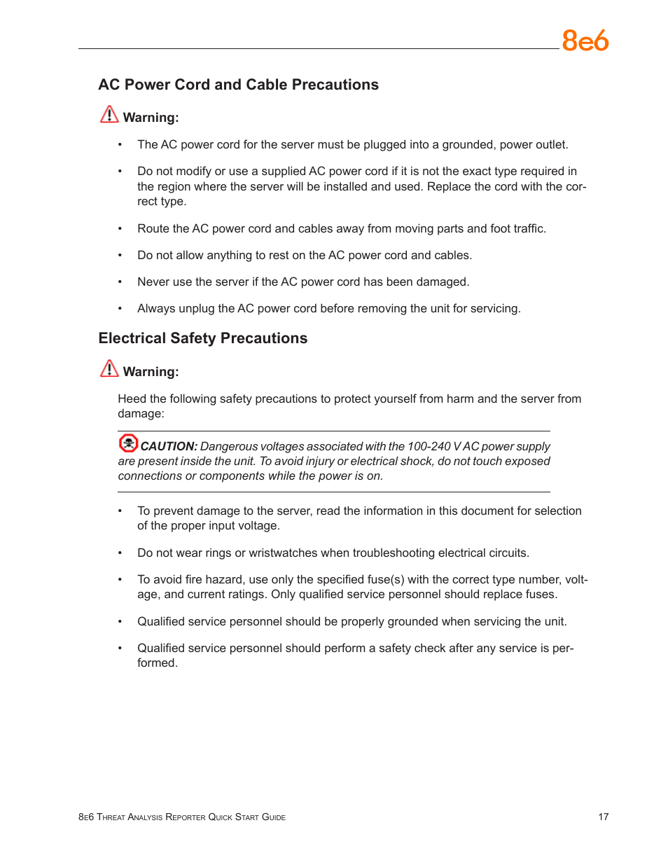 Ac power cord and cable precautions, Electrical safety precautions | 8e6 Technologies TAR MSA-004-004 User Manual | Page 21 / 59