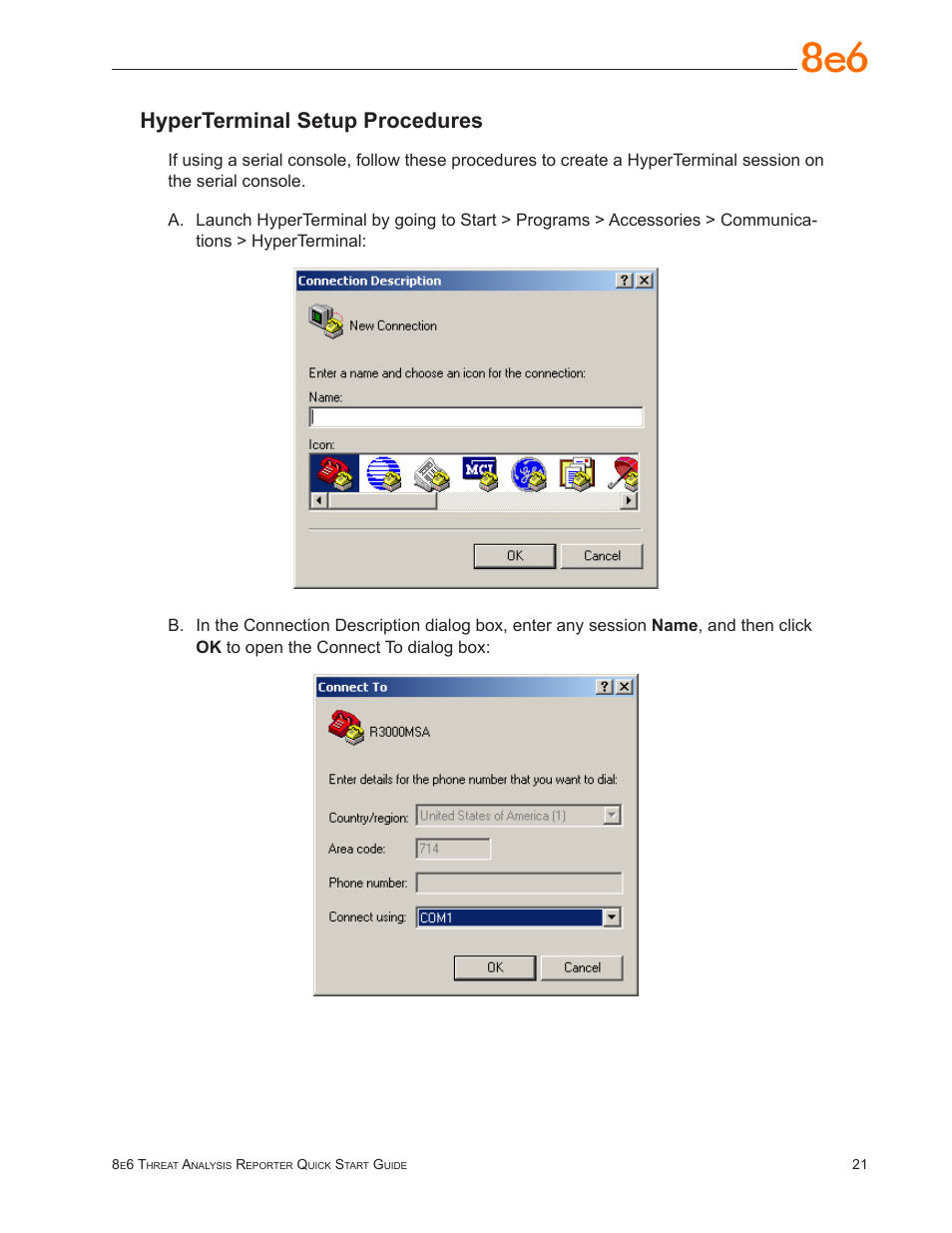 Hyperterminal setup procedures | 8e6 Technologies TAR MSA-004-004 User Manual | Page 25 / 59