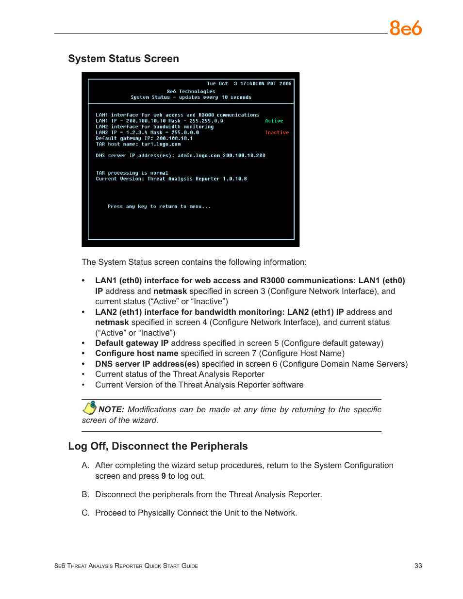 System status screen, Log off, disconnect the peripherals | 8e6 Technologies TAR MSA-004-004 User Manual | Page 37 / 59