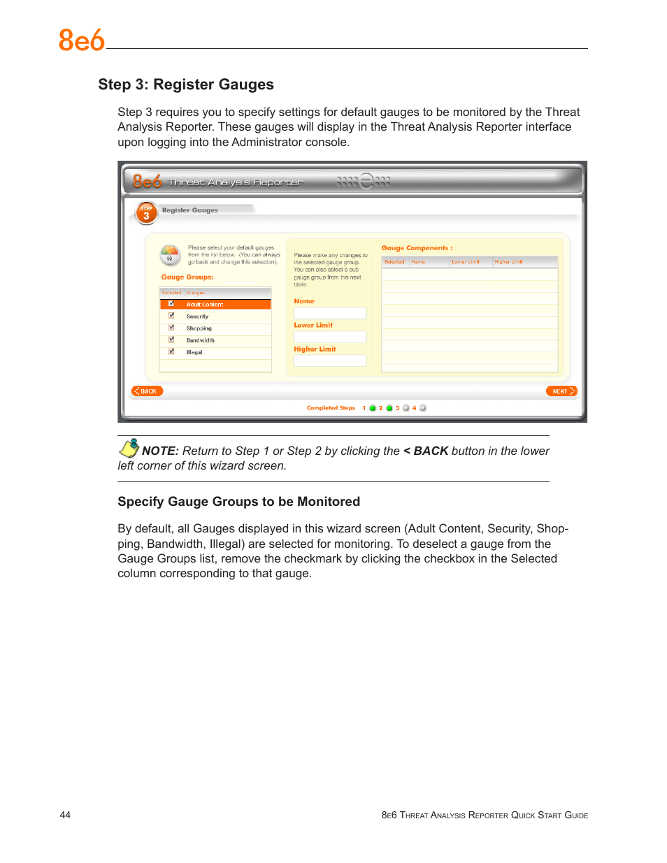 Step 3: register gauges, Specify gauge groups to be monitored | 8e6 Technologies TAR MSA-004-004 User Manual | Page 48 / 59