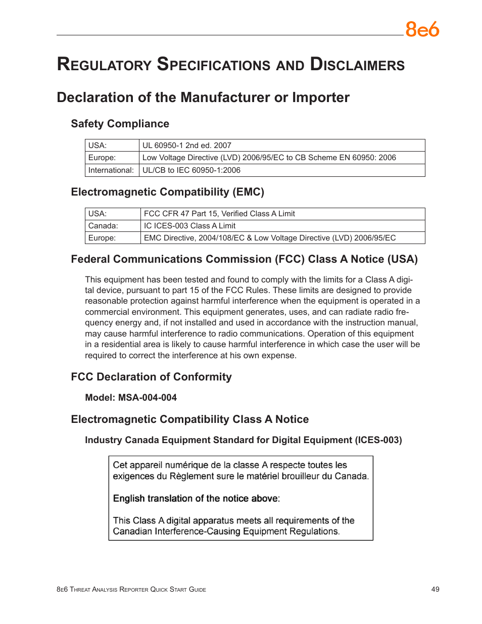 Regulatory specifications and disclaimers, Declaration of the manufacturer or importer, Egulatory | Pecifications, Isclaimers | 8e6 Technologies TAR MSA-004-004 User Manual | Page 53 / 59