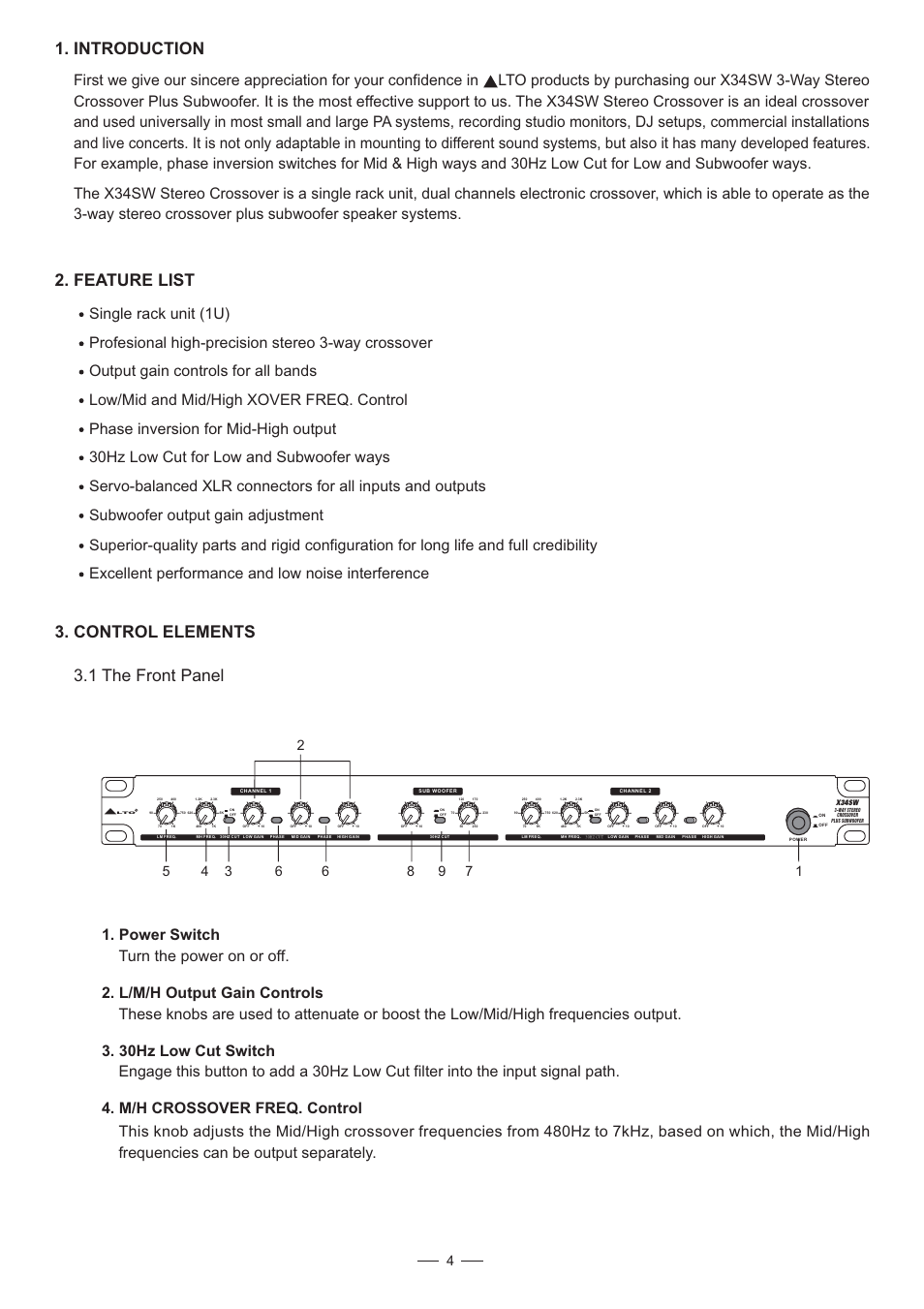 Introduction, Feature list, Control elements 3.1 the front panel | Nilfisk-ALTO X34SW User Manual | Page 5 / 11