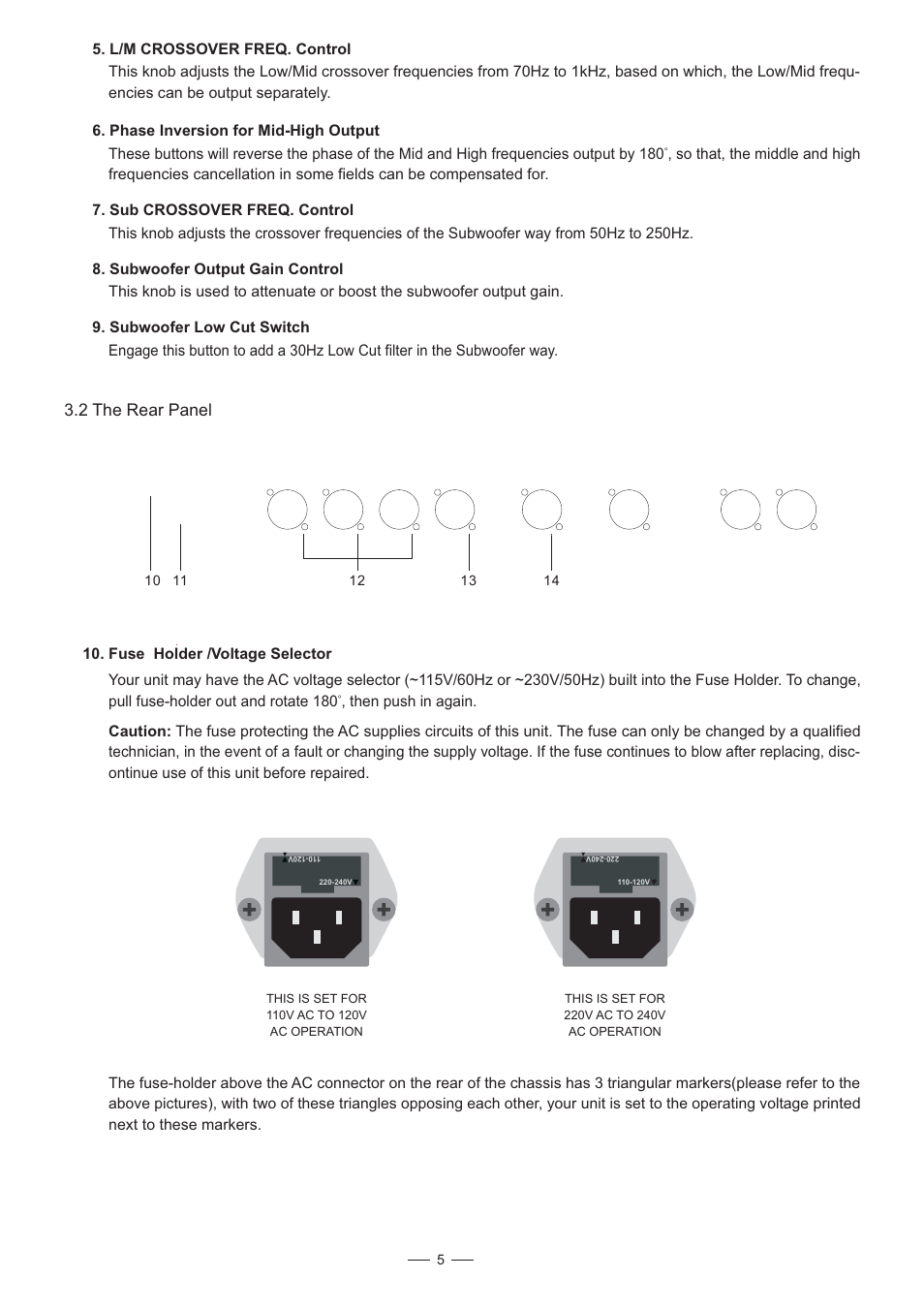 2 the rear panel, Fuse holder /voltage selector, Printed next to these markers | Nilfisk-ALTO X34SW User Manual | Page 6 / 11