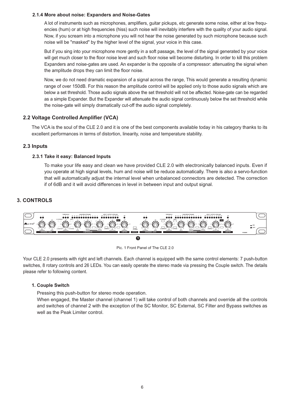 2 voltage controlled amplifier (vca), 3 inputs, Controls | Pic. 1 front anel of he cle 2.0 p t | Nilfisk-ALTO CLE2.0 User Manual | Page 7 / 19
