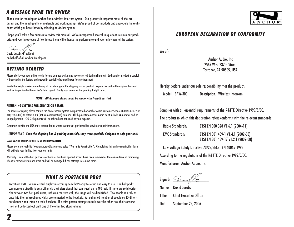 Anchor Audio BPW-300 User Manual | Page 2 / 4