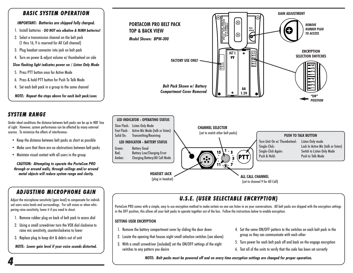 Basic system operation, Adjusting microphone gain, System range | U.s.e. (user selectable encryption) | Anchor Audio BPW-300 User Manual | Page 4 / 4