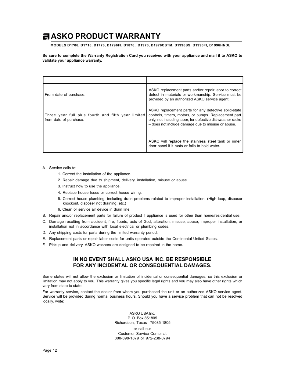 Asko product warranty | ASKO D1776 User Manual | Page 12 / 12
