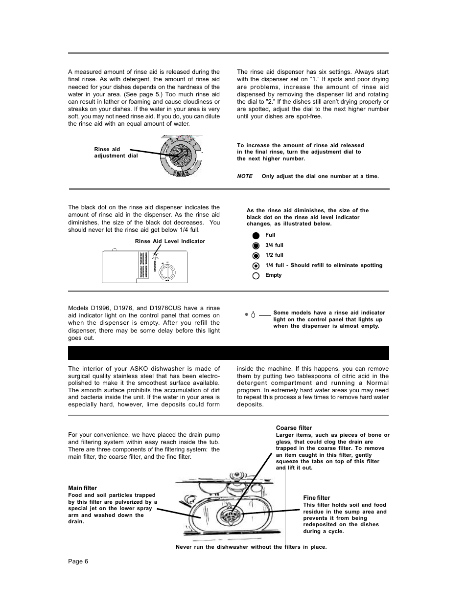 Care and cleaning, Adjusting the amount of rinse aid dispensed, When to refill the rinse aid dispenser | Fil filtering sy tering system stem | ASKO D1776 User Manual | Page 6 / 12