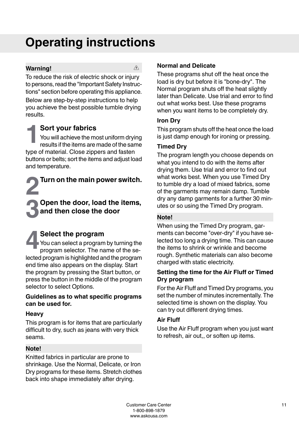 Operating instructions, Sort your fabrics, Turn on the main power switch | Select the program, Air fluff | ASKO T793C User Manual | Page 11 / 32