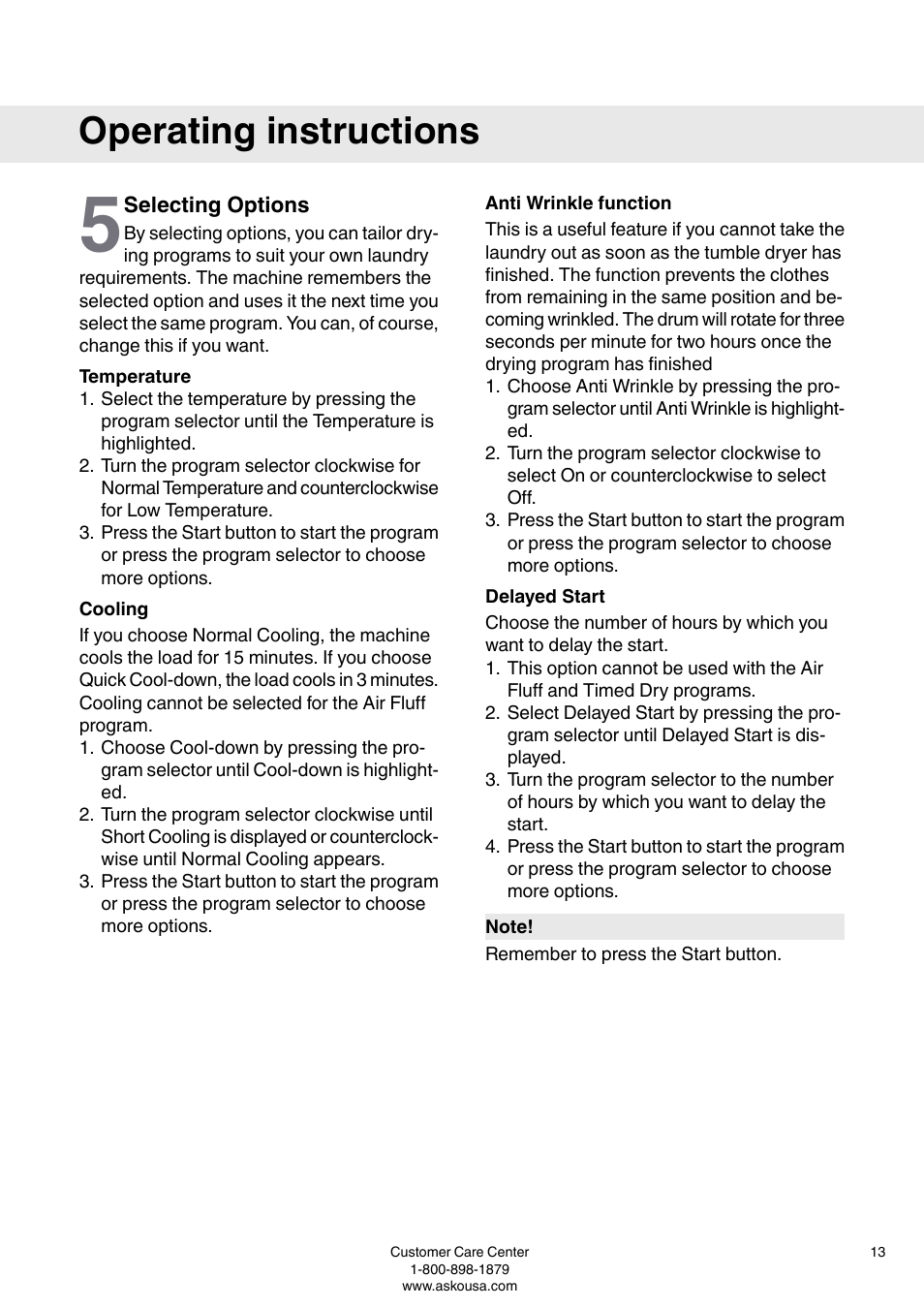 Selecting options, Temperature, Cooling | Operating instructions | ASKO T793C User Manual | Page 13 / 32