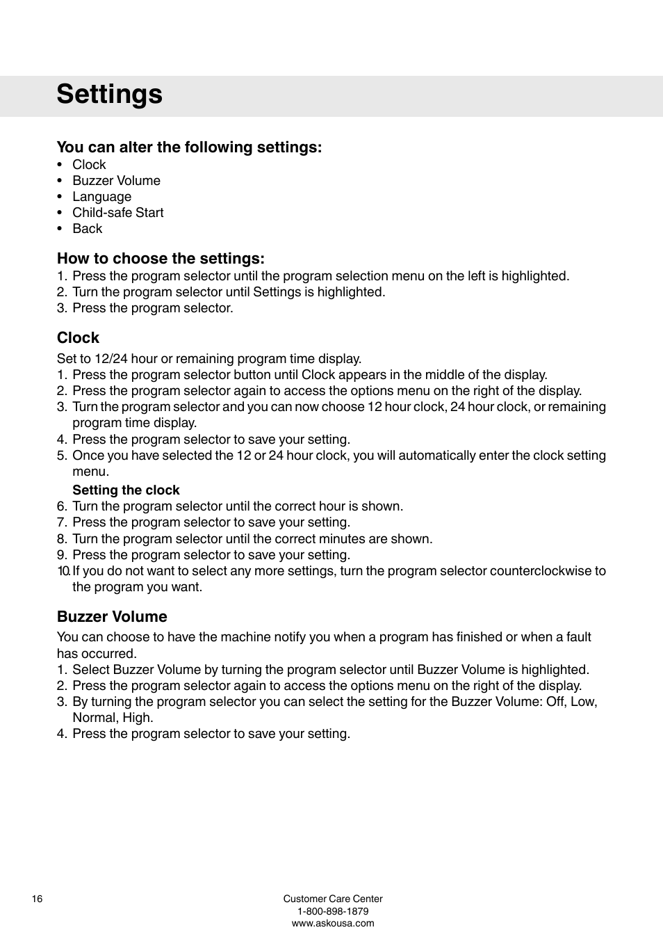 Settings, You can alter the following settings, How to choose the settings | Clock, Buzzer volume | ASKO T793C User Manual | Page 16 / 32