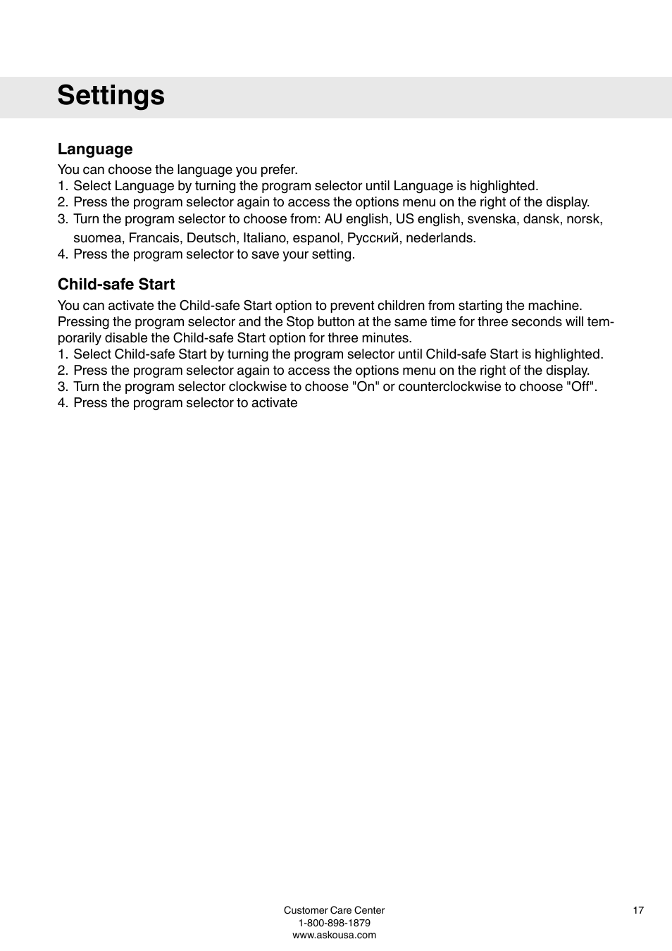 Language, Child-safe start, Settings | ASKO T793C User Manual | Page 17 / 32