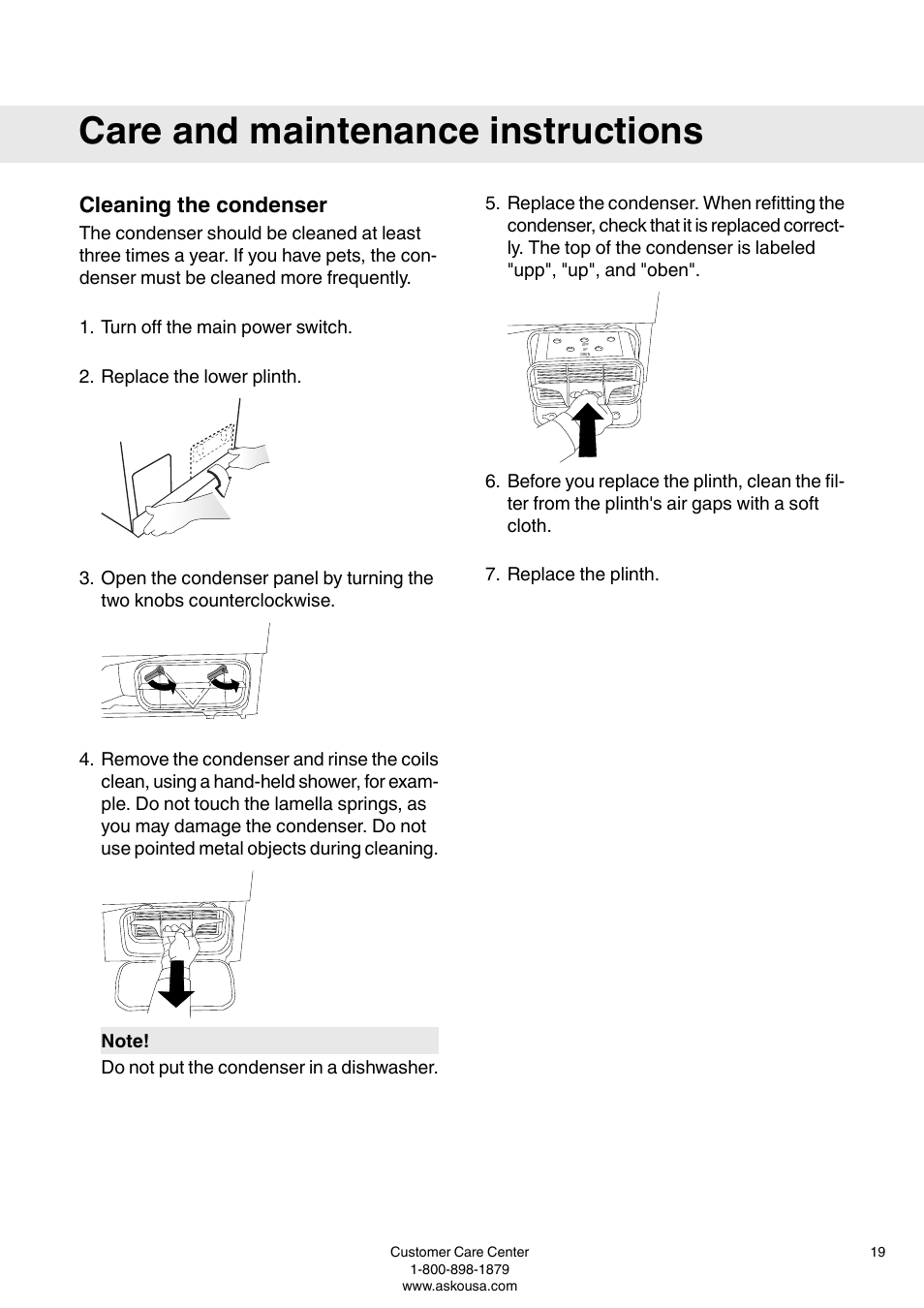 Cleaning the condenser, Care and maintenance instructions | ASKO T793C User Manual | Page 19 / 32