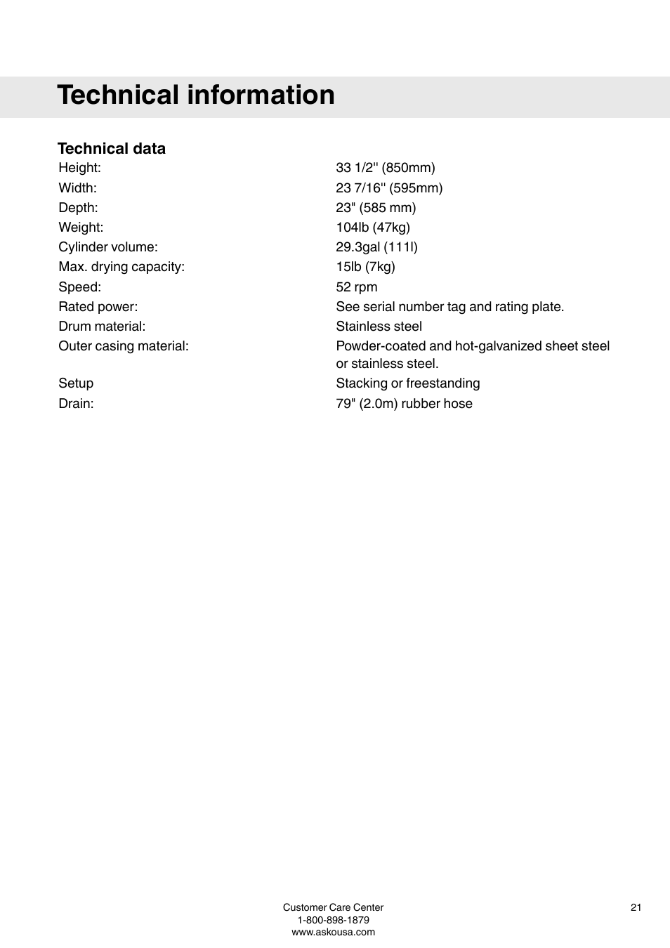 Technical information, Technical data | ASKO T793C User Manual | Page 21 / 32