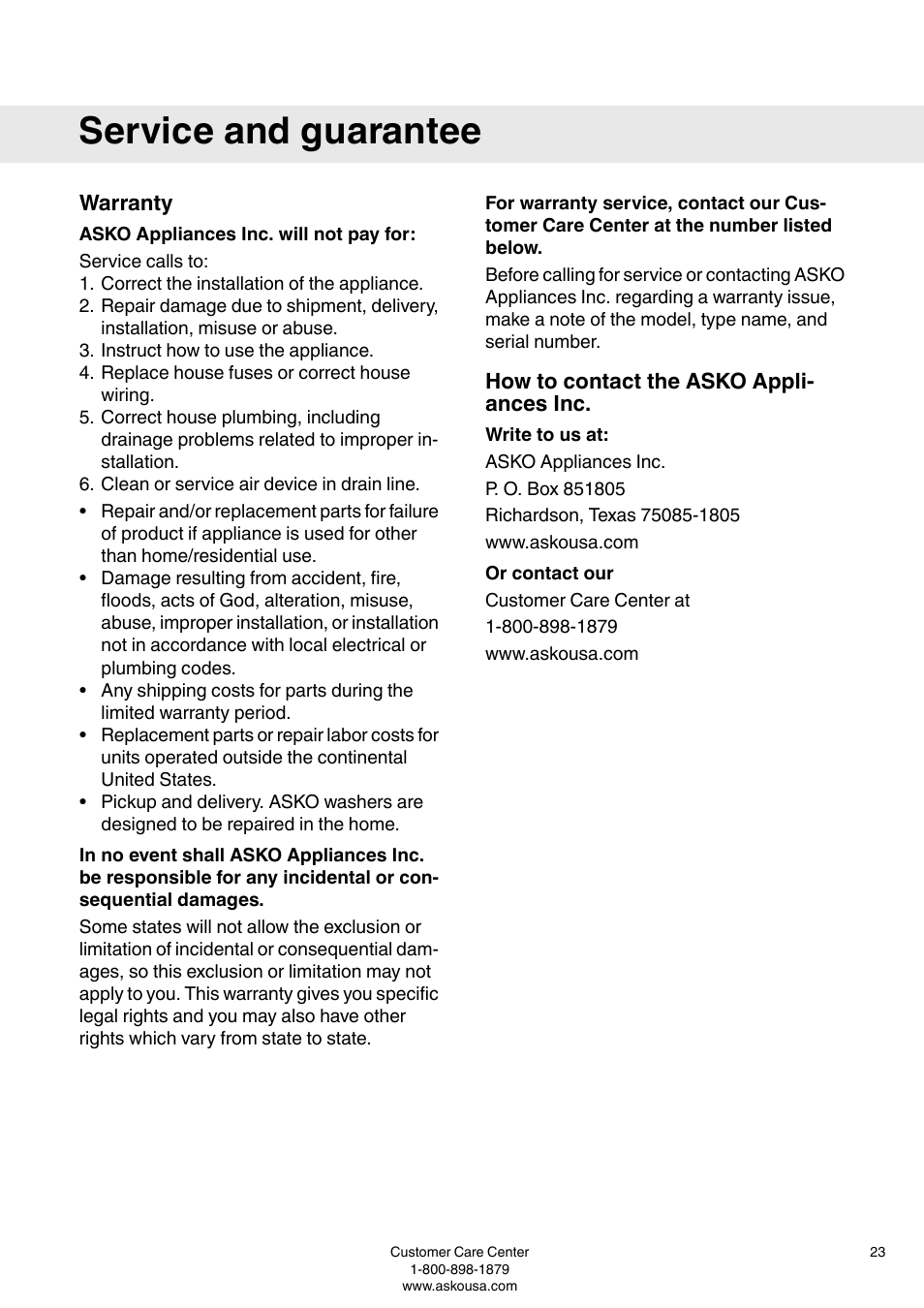 Warranty, Asko appliances inc. will not pay for, How to contact the asko appliances inc | Write to us at, Or contact our, Service and guarantee | ASKO T793C User Manual | Page 23 / 32