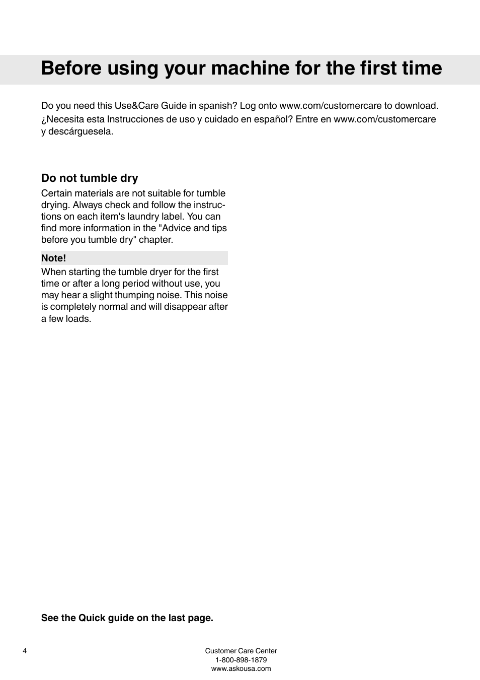 Before using your machine for the first time, Do not tumble dry | ASKO T793C User Manual | Page 4 / 32