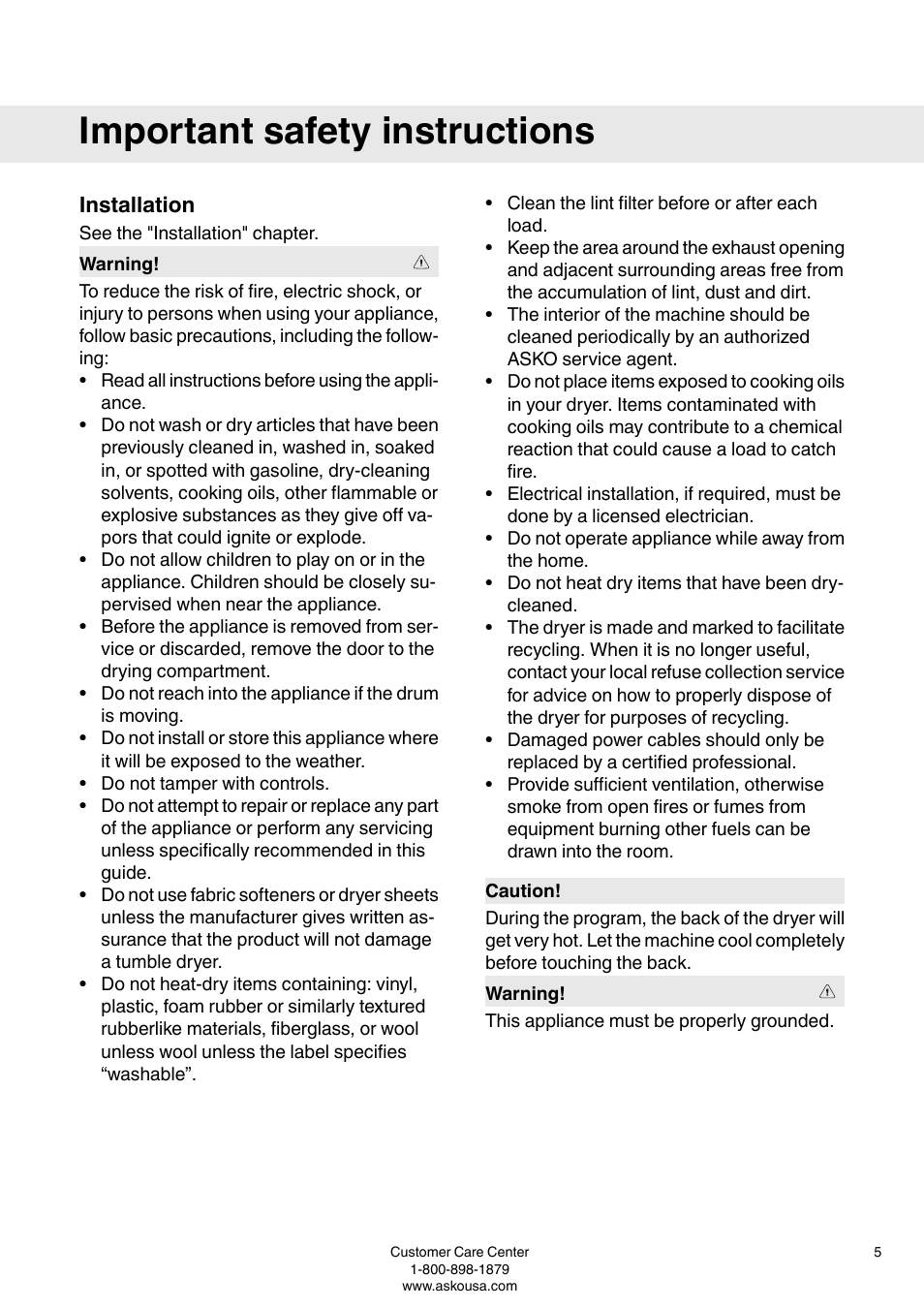 Important safety instructions, Installation | ASKO T793C User Manual | Page 5 / 32
