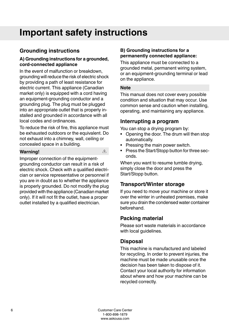 Grounding instructions, Interrupting a program, Transport/winter storage | Packing material, Disposal, Important safety instructions | ASKO T793C User Manual | Page 6 / 32