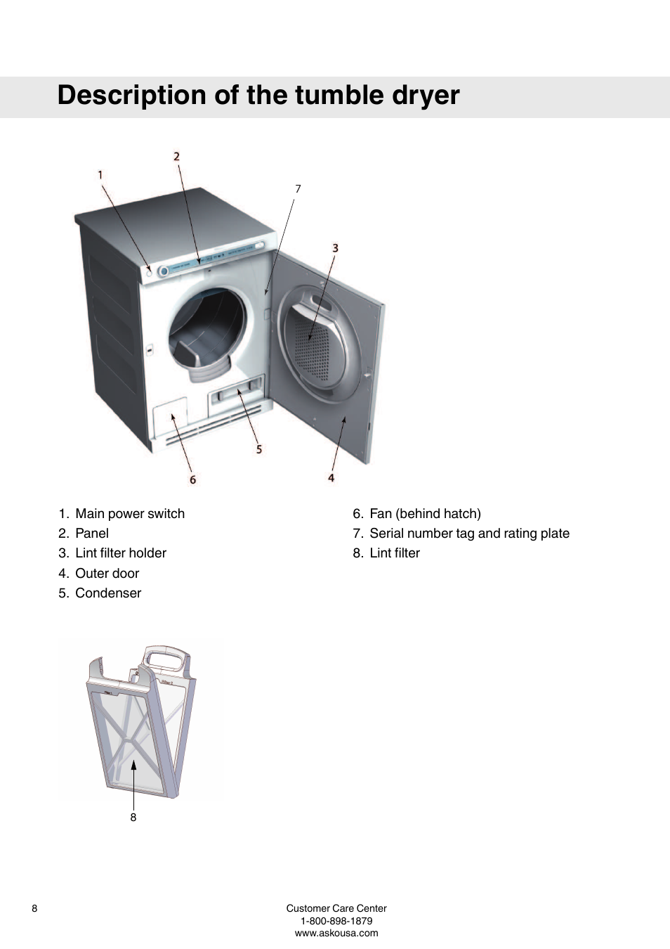 Description of the tumble dryer | ASKO T793C User Manual | Page 8 / 32