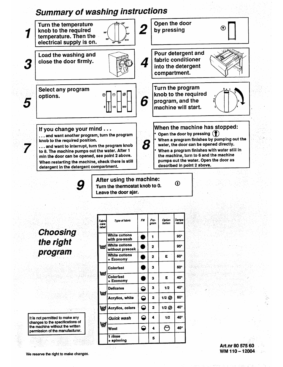 Summary of washing instructions, Choosing the right program, Ll”l | ASKO 12004 User Manual | Page 16 / 16