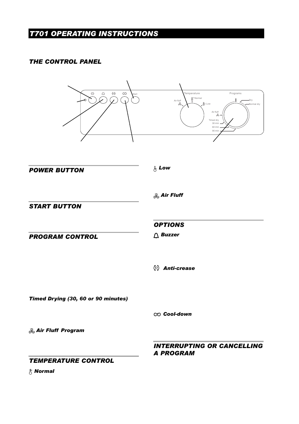 T701 operating instructions, Power button, Start button | Program control, Temperature control, The control panel, Options, Interrupting or cancelling a program | ASKO T761 User Manual | Page 12 / 26