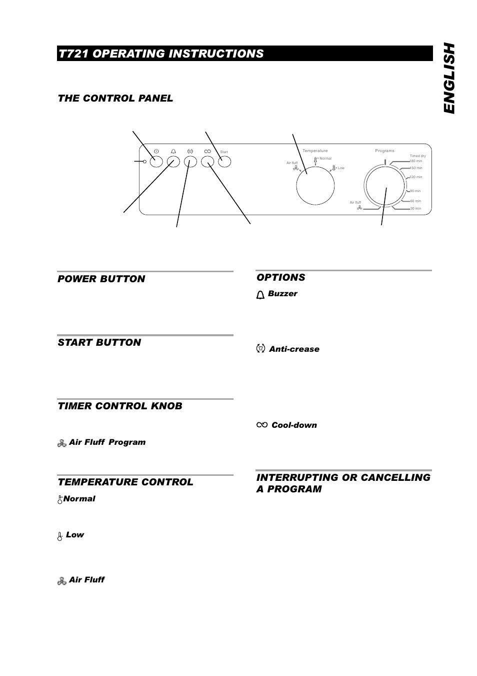 English, T721 operating instructions, Power button | Start button, Timer control knob, Temperature control, The control panel, Options, Interrupting or cancelling a program | ASKO T761 User Manual | Page 13 / 26