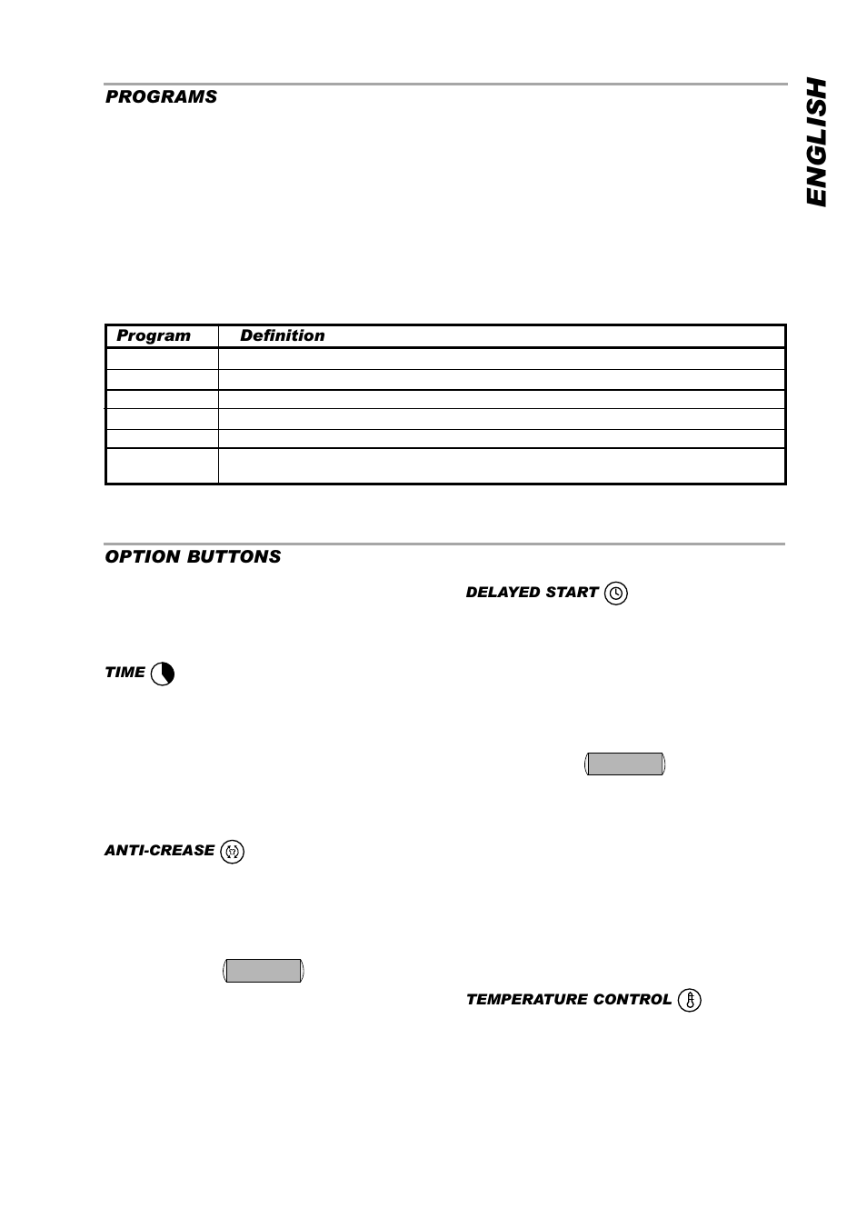 English, Programs option buttons | ASKO T761 User Manual | Page 15 / 26