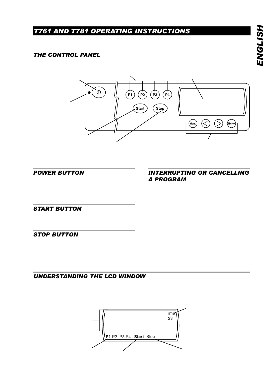 English, The control panel, Interrupting or cancelling a program | Power button, Start button, Stop button, Understanding the lcd window | ASKO T761 User Manual | Page 17 / 26