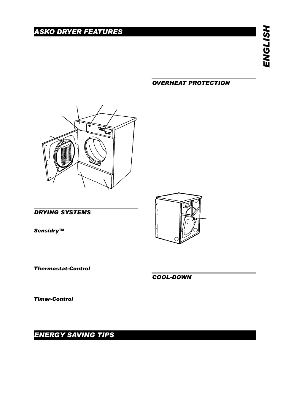 English, Asko dryer features, Energy saving tips | Drying systems, Overheat protection, Cool-down | ASKO T761 User Manual | Page 3 / 26