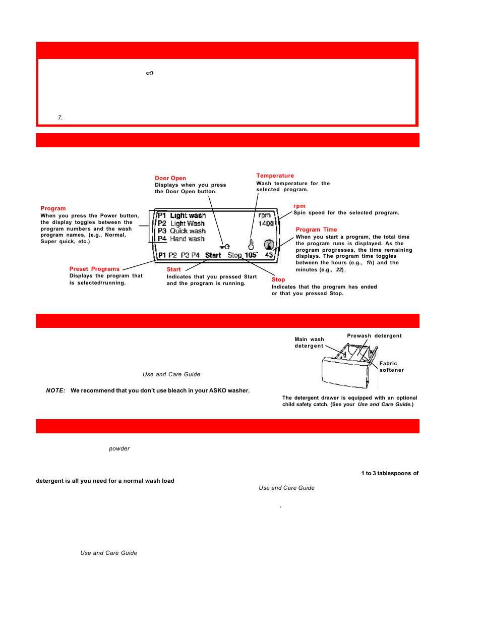 Quick start procedures, Understanding the lcd window, The detergent drawer | Detergent and fabric softener amounts | ASKO W6661 User Manual | Page 2 / 2