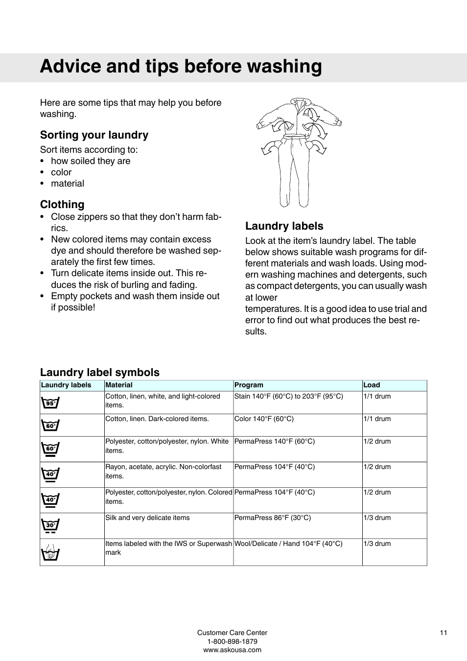 Advice and tips before washing, Sorting your laundry, Clothing | Laundry labels, Laundry label symbols | ASKO W6903 User Manual | Page 11 / 44