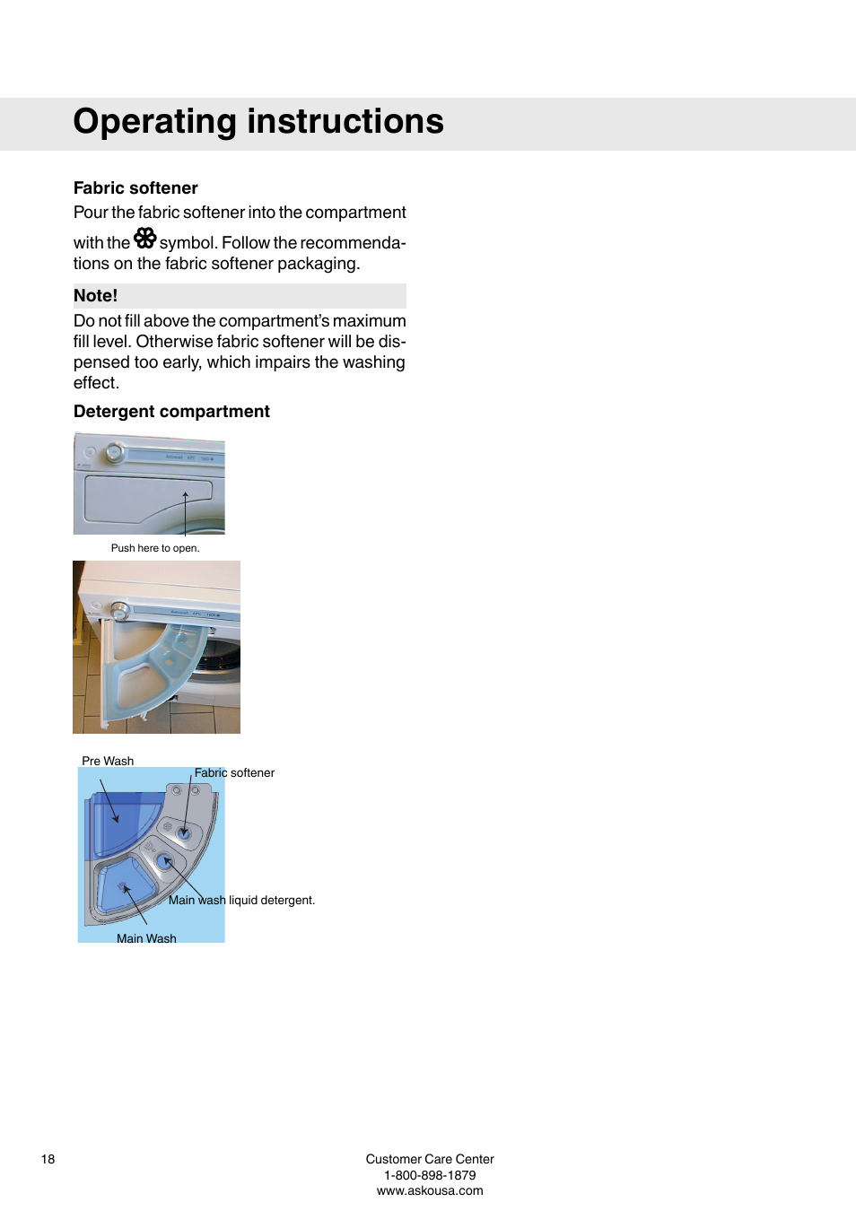 Fabric softener, Detergent compartment, Operating instructions | ASKO W6903 User Manual | Page 18 / 44